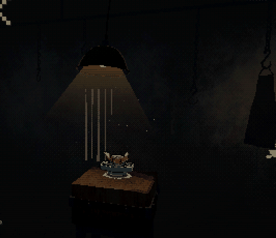 A spinning top resting on a butcher's block under a single swinging lamp in a dark back room, rendered in low-resolution PlayStation-era pixels.