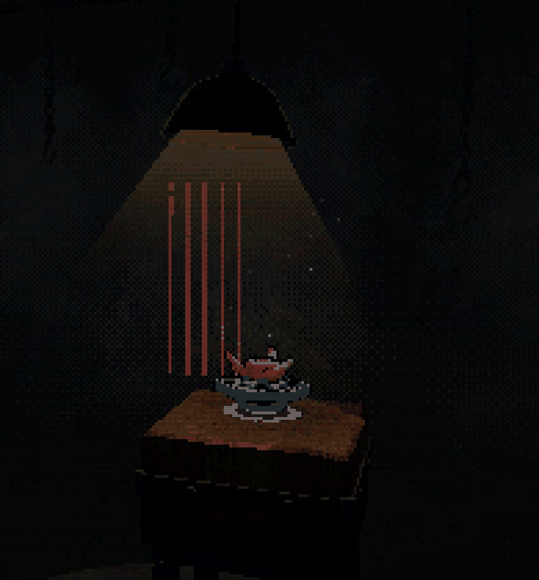 A top spinning on a butcher's block under a single swinging lamp in a dark back room.